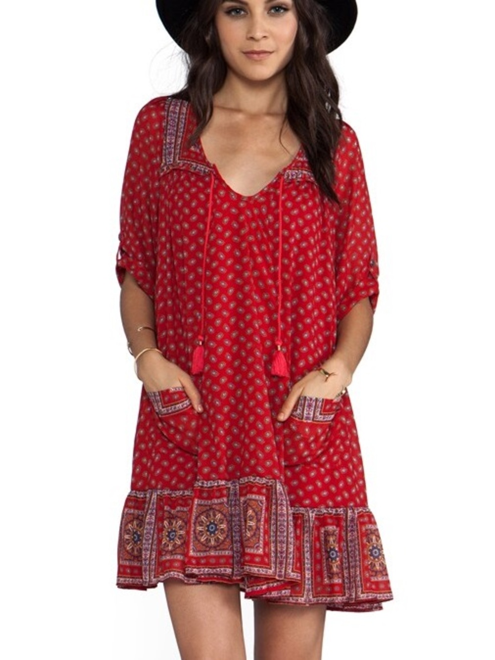 Free People Red Printed Tassel Mini Dress